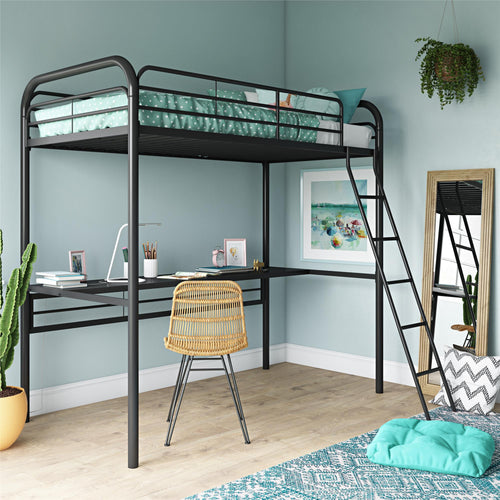 Metal Loft Bed with Desk, Full, White Metal/White Desk