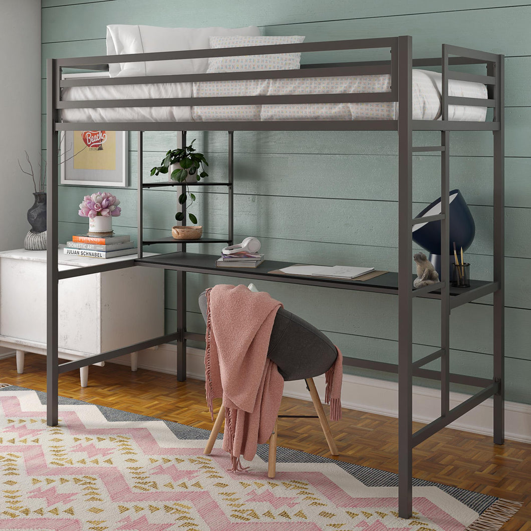 Novogratz Maxwell Metal Twin Loft Bed with Desk & Shelves, Gray/ Black